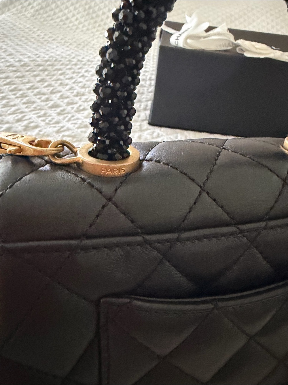 CHANEL Mini Flap Black Quilted Lambskin with Beaded-Handle Shoulder Bag. - Picture 8 of 16
